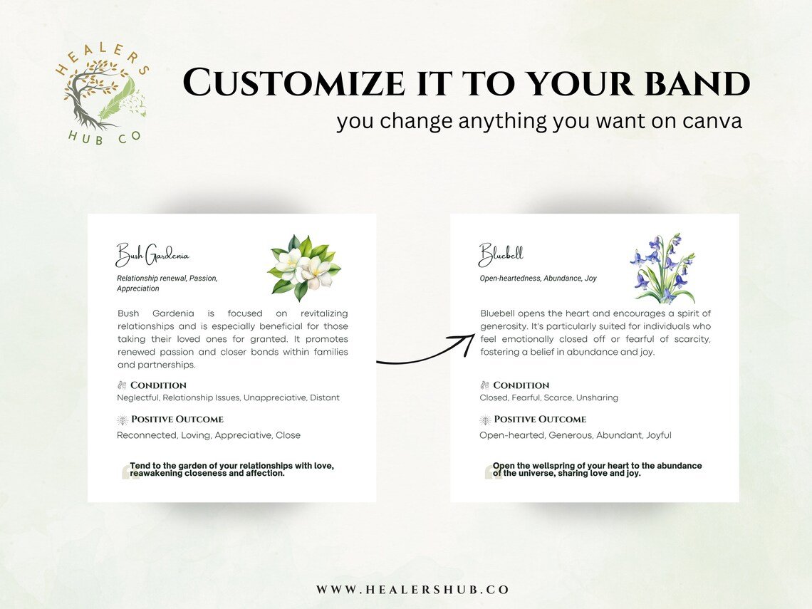 Tailor Australian Bush Flower Essences Cards to Your Brand with Canva Customizable Australian Bush Flower Essences cards on a canvas, showing before and after customization to reflect a specific brand identity
