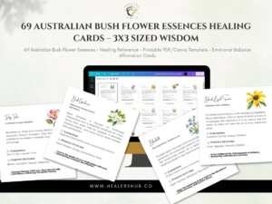 69 Australian Bush Flower Essences 1080 size Card Templates 7 A collection of 69 Australian Bush Flower Essences Healing Cards displayed on a screen and as printed versions, highlighting their 3x3 size and Canva template format
