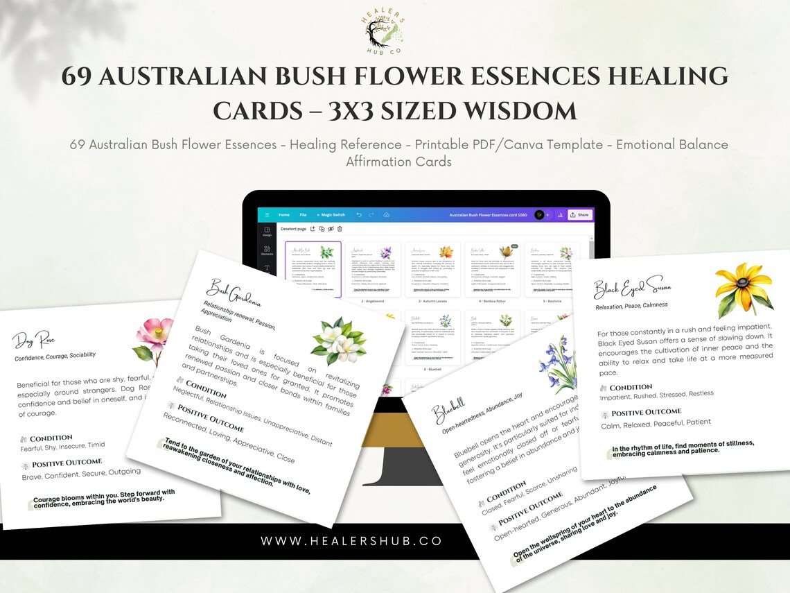Set of 69 Australian Bush Flower Essences Healing Cards in 3×3 Size – Canva and PDF A collection of 69 Australian Bush Flower Essences Healing Cards displayed on a screen and as printed versions, highlighting their 3x3 size and Canva template format