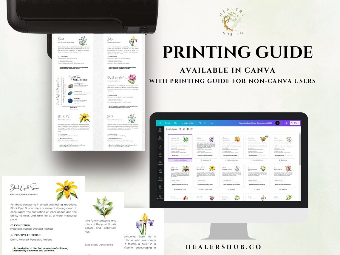 Print Your Own Australian Bush Flower Essences Cards with Our Handy Canva Guide An image showing the printing process of Australian Bush Flower Essences Cards with a printer and a computer screen displaying the Canva templates.