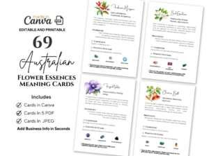 A collage of Australian Bush Flower Essence A6 card templates featuring various essences and their properties