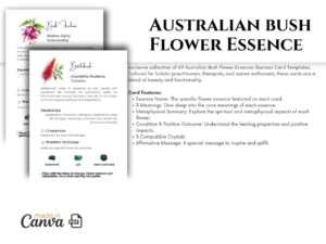collection of 69 Australian Bush Flower Essence A6 card templates Canva , PDF featuring beautiful floral designs and information about each essence.