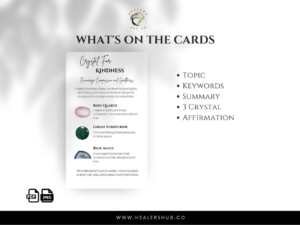 A set of 52 business card-sized cards, each featuring a different crystal and its corresponding emotional wellness properties.