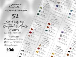 Crystal Kit Cards for Emotions - 52 printable crystal cards :A set of 52 business card-sized cards featuring different crystals and their corresponding emotional wellness properties. Emotional Wellness Crystal set Cards
