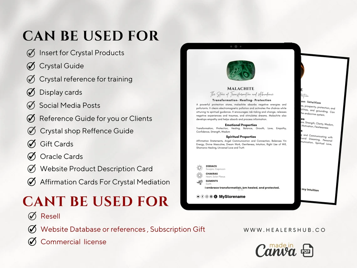 il_1140xN.5615032850_o6mu Instant crystal knowledge for enthusiasts and sellers! Download, customize, and print 500 detailed Crystal Meaning Cards. Explore healing properties, chakras, and more with ease. <em> Editable And Printable Crystal Meaning Cards With Images , instant Download , Canva Templates </em> Improve your understanding of crystals with our versatile, easy-to-edit and print Crystal Meaning Cards. Ideal for crystal enthusiasts and metaphysical explorers, these cards delve into the profound properties of various crystals, offering insights into health benefits, chakra alignments, and astrological associations.