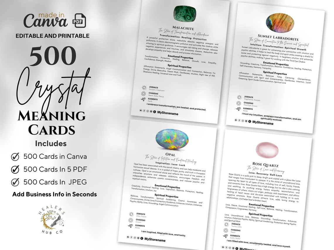 500 Editable And Printable Crystal Meaning Cards With Images , instant Download , Canva Templates 500 Editable And Printable Crystal Meaning Cards With Images , instant Download , Canva Templates
