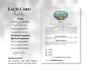 500 Editable And Printable Crystal Meaning Cards With Images A6 4 il 1140xN.5615033052 ab7n Instant crystal knowledge for enthusiasts and sellers! Download, customize, and print 500 detailed Crystal Meaning Cards. Explore healing properties, chakras, and more with ease. <em> Editable And Printable Crystal Meaning Cards With Images , instant Download , Canva Templates </em> Improve your understanding of crystals with our versatile, easy-to-edit and print Crystal Meaning Cards. Ideal for crystal enthusiasts and metaphysical explorers, these cards delve into the profound properties of various crystals, offering insights into health benefits, chakra alignments, and astrological associations.