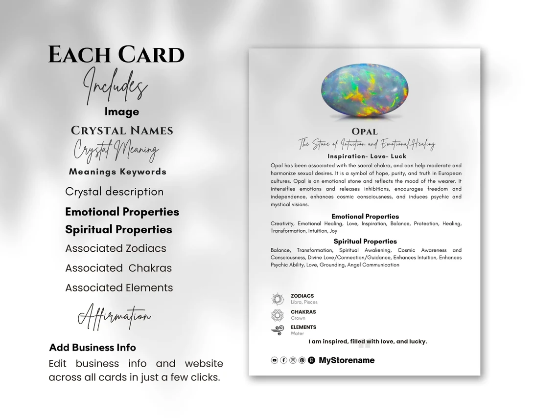 il_1140xN.5615033052_ab7n Instant crystal knowledge for enthusiasts and sellers! Download, customize, and print 500 detailed Crystal Meaning Cards. Explore healing properties, chakras, and more with ease. <em> Editable And Printable Crystal Meaning Cards With Images , instant Download , Canva Templates </em> Improve your understanding of crystals with our versatile, easy-to-edit and print Crystal Meaning Cards. Ideal for crystal enthusiasts and metaphysical explorers, these cards delve into the profound properties of various crystals, offering insights into health benefits, chakra alignments, and astrological associations.