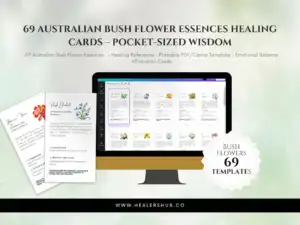 A computer screen and physical cards display the Australian Bush Flower Essences Healing Cards, highlighting their pocket-sized convenience and available templates.