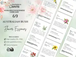 Collection of Australian Bush Flower Essence business card templates, beautifully designed with floral graphics and healing properties information, ready for customization in Canva