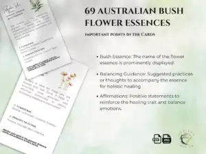 Detailed view of two Australian Bush Flower Essences business cards, highlighting key elements such as flower essence name, balancing guidance, and affirmations