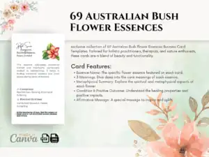 Showcasing one of the 69 Australian Bush Flower Essence business cards, with detailed essence properties and an inspirational message, editable in Canva.