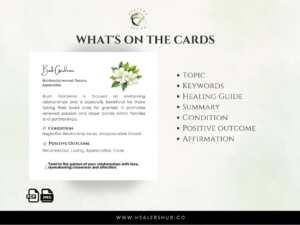 69 Australian Bush Flower Essences 1080 size Card Templates 5 Detail of an Australian Bush Flower Essences card showing the elements included, such as topic, keywords, and healing guidance