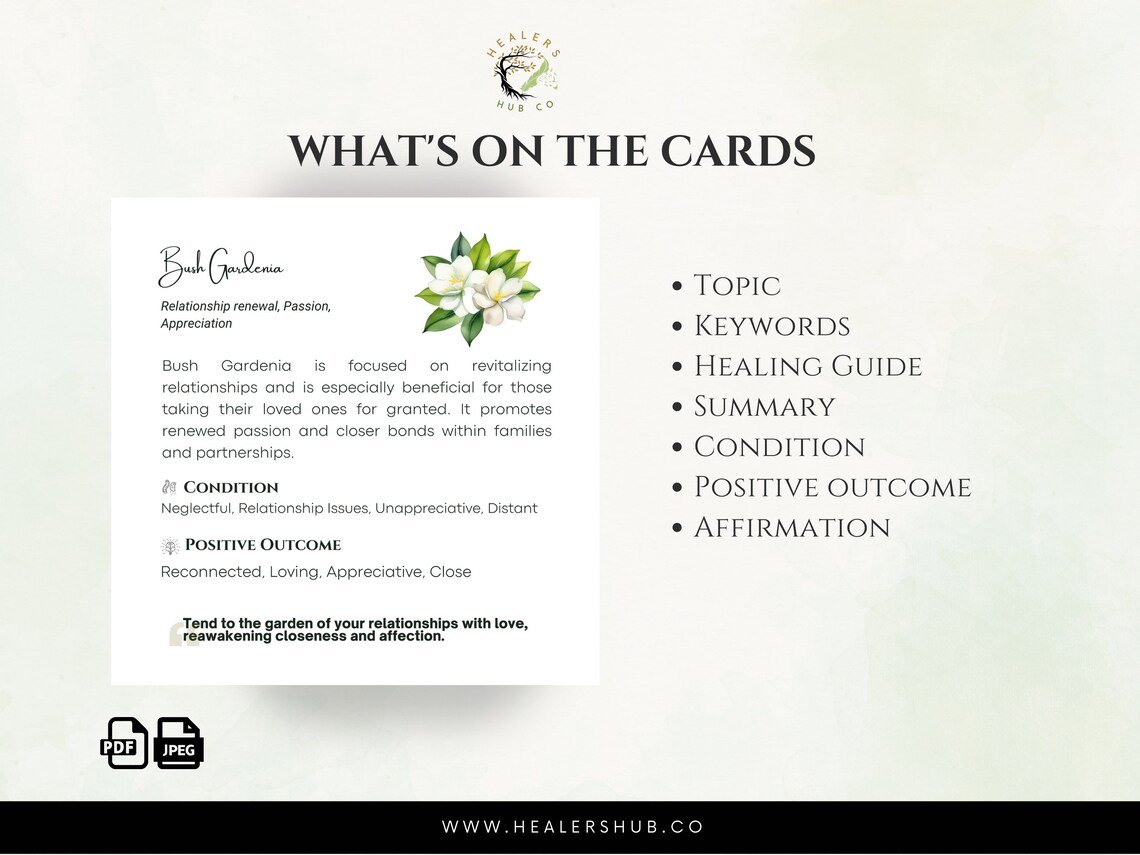 the Informative Elements on Australian Bush Flower Essences Cards – Canva Templet’s Detail of an Australian Bush Flower Essences card showing the elements included, such as topic, keywords, and healing guidance