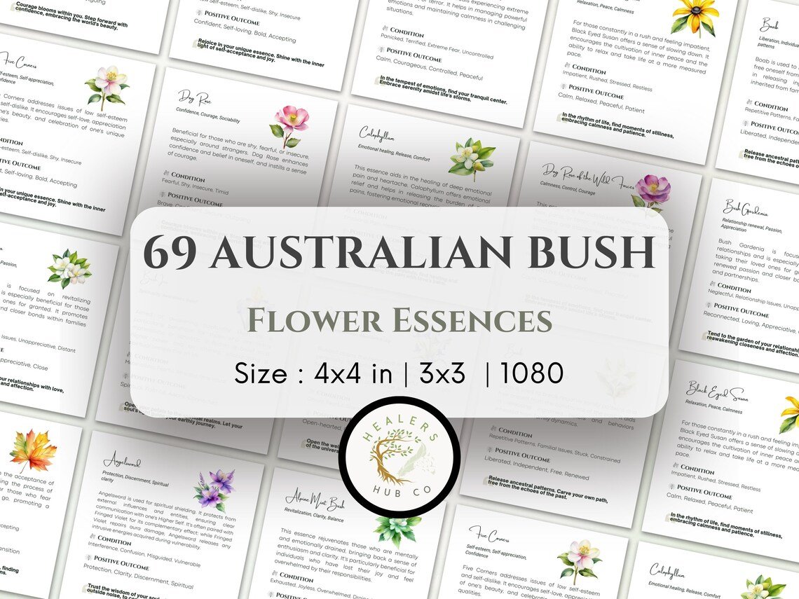 Collection of 69 Australian Bush Flower Essences Cards - instant Download Australian Bush Flower Essences cards spread out, displaying a variety of healing flowers and their descriptions