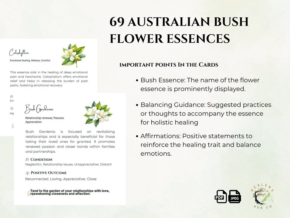 69 Australian Bush Flower Essences Cards for Holistic Practice Australian Bush Flower Essences Business Cards, highlighting essential elements like the flower's name and balancing guidance.