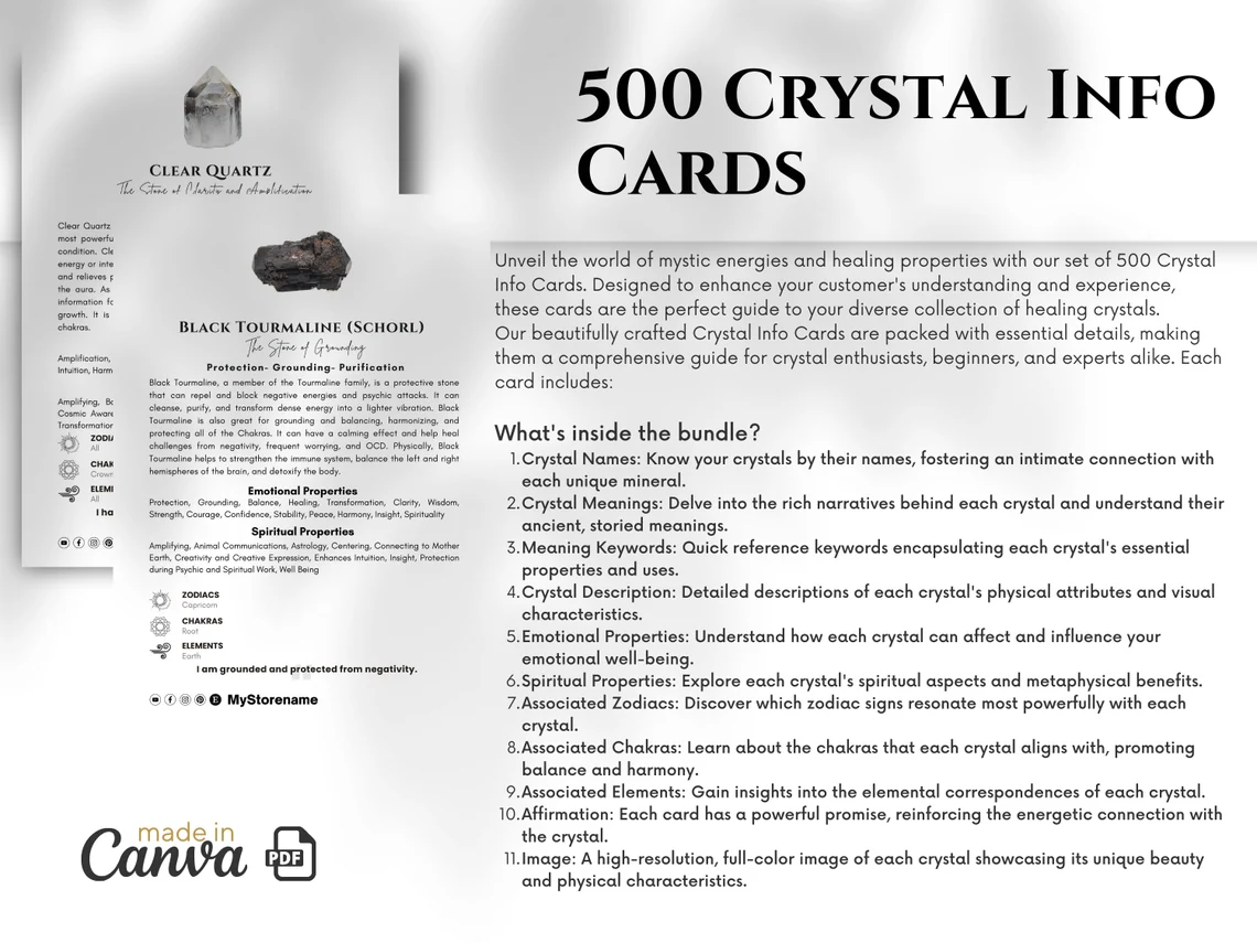 il_1140xN.5663118991_9p8z Instant crystal knowledge for enthusiasts and sellers! Download, customize, and print 500 detailed Crystal Meaning Cards. Explore healing properties, chakras, and more with ease. <em> Editable And Printable Crystal Meaning Cards With Images , instant Download , Canva Templates </em> Improve your understanding of crystals with our versatile, easy-to-edit and print Crystal Meaning Cards. Ideal for crystal enthusiasts and metaphysical explorers, these cards delve into the profound properties of various crystals, offering insights into health benefits, chakra alignments, and astrological associations.