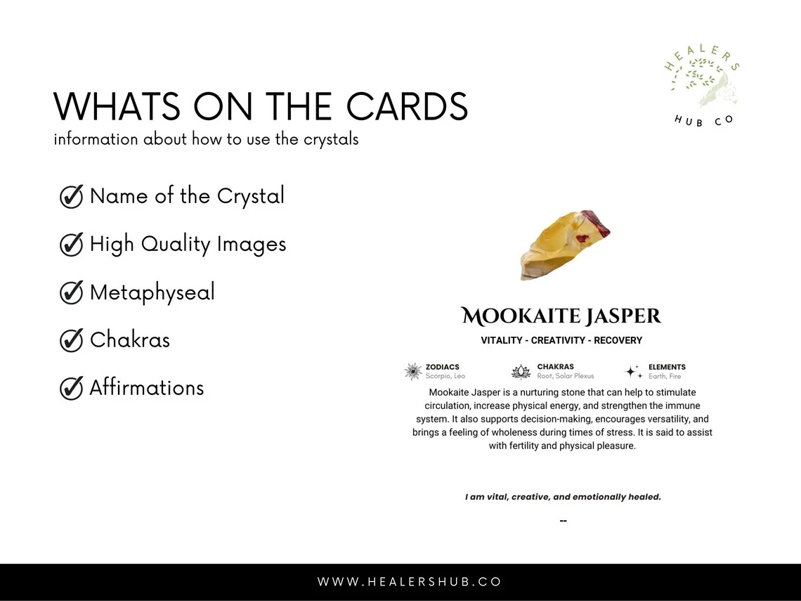 il_1140xN.5771806926_4hp8 700 Editable Crystal Meaning Cards – Your Crystal Toolkit! Ideal for learning, social media, oracle readings, customer inserts & more. Customize with Canva, download instantly. Enhance your crystal journey today.Personalize in Canva. Includes crystal images, properties, & chakra info. Digital download, perfect for enthusiasts & businesses.