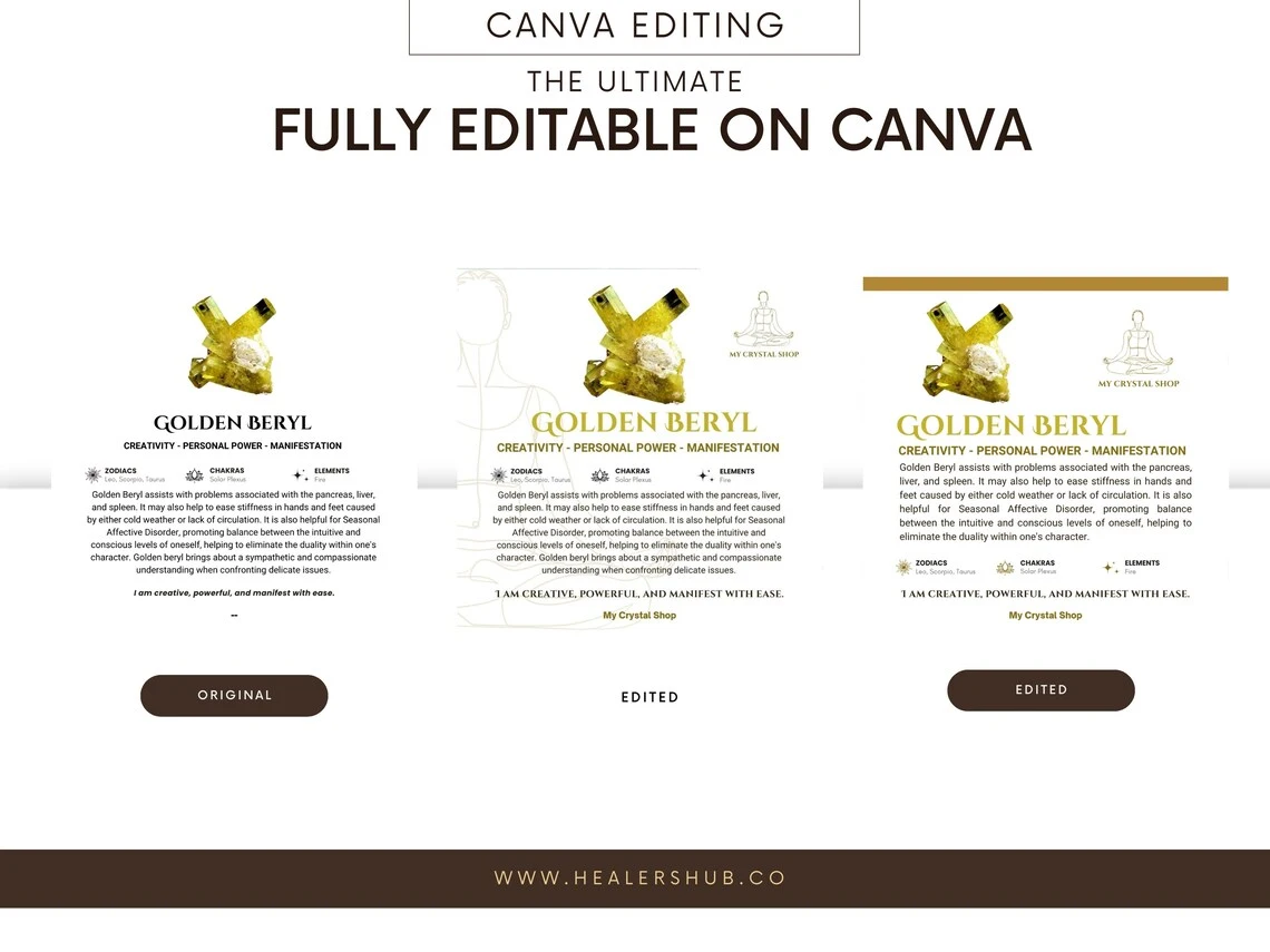 il_1140xN.5771807002_4409 700 Editable Crystal Meaning Cards – Your Crystal Toolkit! Ideal for learning, social media, oracle readings, customer inserts & more. Customize with Canva, download instantly. Enhance your crystal journey today.Personalize in Canva. Includes crystal images, properties, & chakra info. Digital download, perfect for enthusiasts & businesses.