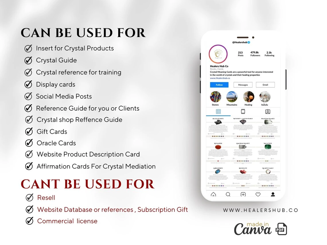 il_1140xN.5771807062_k0hs 700 Editable Crystal Meaning Cards – Your Crystal Toolkit! Ideal for learning, social media, oracle readings, customer inserts & more. Customize with Canva, download instantly. Enhance your crystal journey today.Personalize in Canva. Includes crystal images, properties, & chakra info. Digital download, perfect for enthusiasts & businesses.