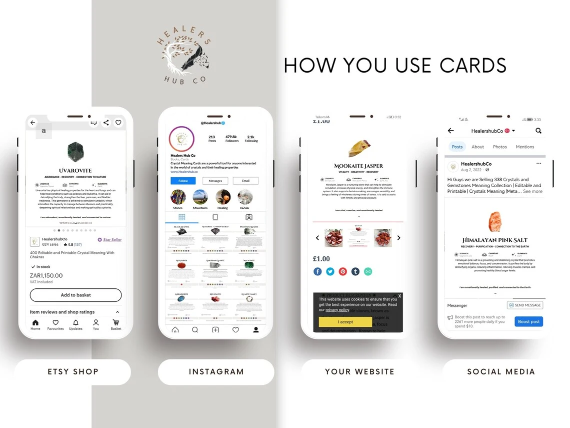 il_1140xN.5819868175_qrdn 700 Editable Crystal Meaning Cards – Your Crystal Toolkit! Ideal for learning, social media, oracle readings, customer inserts & more. Customize with Canva, download instantly. Enhance your crystal journey today.Personalize in Canva. Includes crystal images, properties, & chakra info. Digital download, perfect for enthusiasts & businesses.