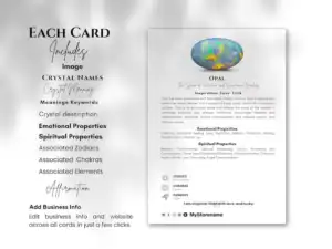 700 Crystal meaning Cards | Crystal Reference Cards | Crystal Information Cards 6 Example of an Opal crystal meaning card detailing its properties and affirmations with customizable business information section.