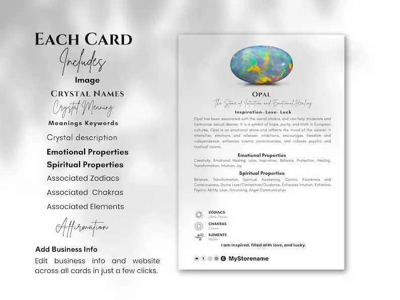 Opal Crystal Meaning Card with Customizable Business Info Example of an Opal crystal meaning card detailing its properties and affirmations with customizable business information section.