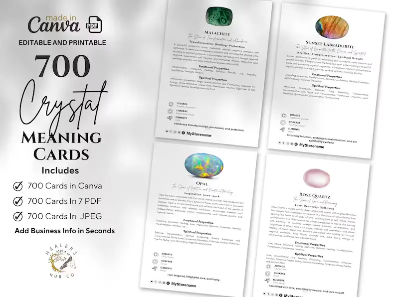 il_794xN.5736132103_28x4 700 Crystal meaning Cards. Whether you own a crystal shop or are a practitioner, this comprehensive Digital deck of cards is the perfect tool to enhance your practice and share the knowledge of crystals with your clients. <p style="text-align: center;">Each card features a high-quality image of the crystal, along with its name and meaning. But that's not all - the cards also include a metaphysical summary, zodiacs, properties, chakras, affirmations, spiritual elements, and numerology. With 500 different crystals covered, this Digital deck is an encyclopedia of crystal knowledge that you can always turn to for guidance.</p>